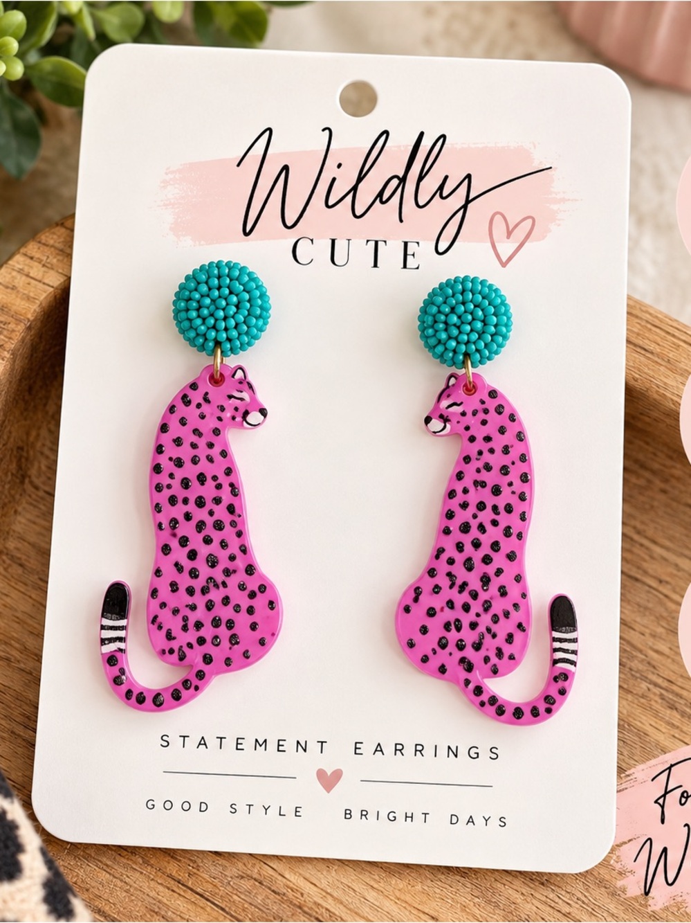 Pink Leopard Drop Earrings with Teal Beaded Posts